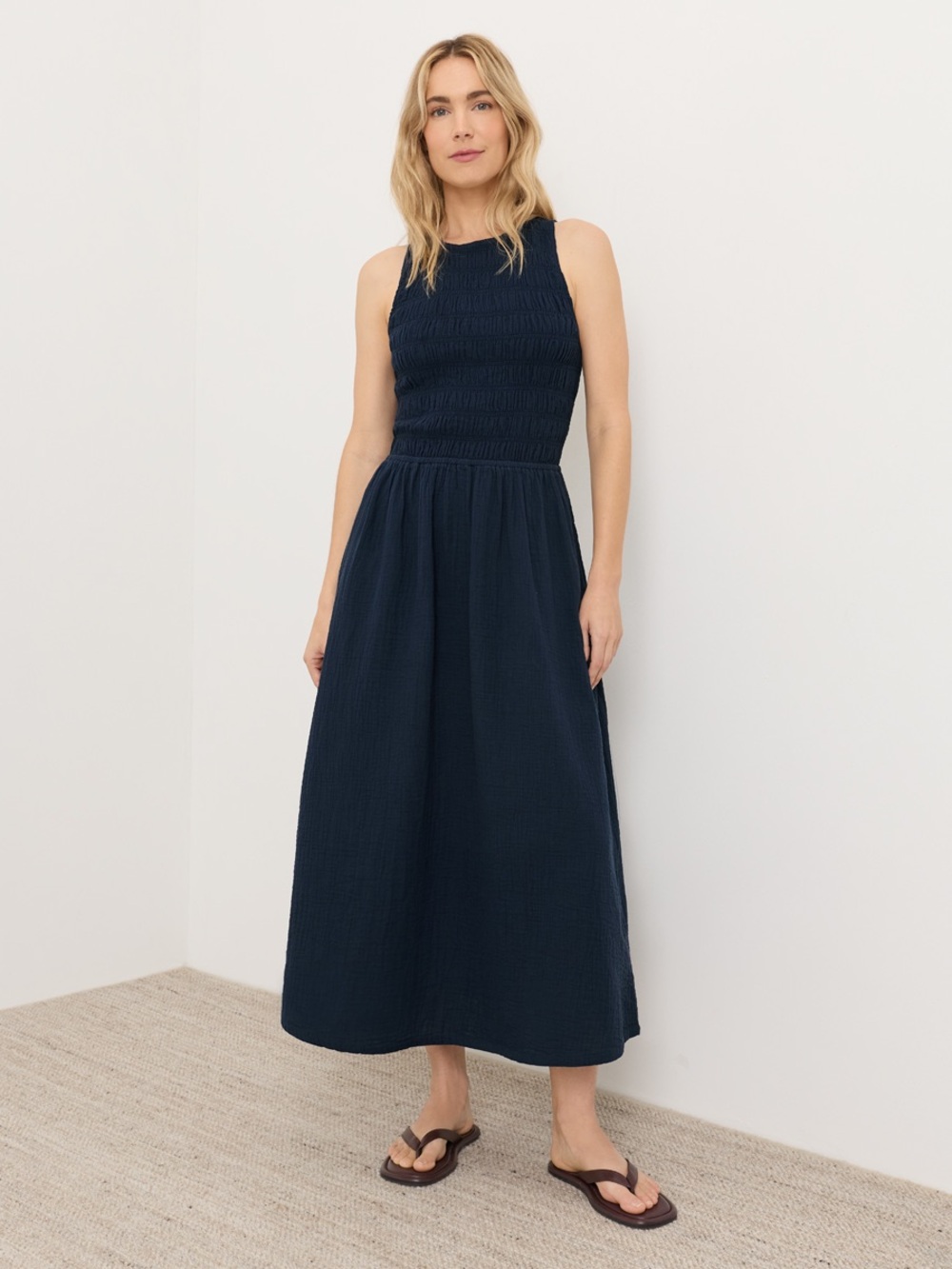 Pact Coastal Double Gauze Smocked Dress Organic Cotton Summer Size XL Navy